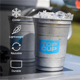 Top Cup aluminum cups hold cold drinks for a refreshing sip.