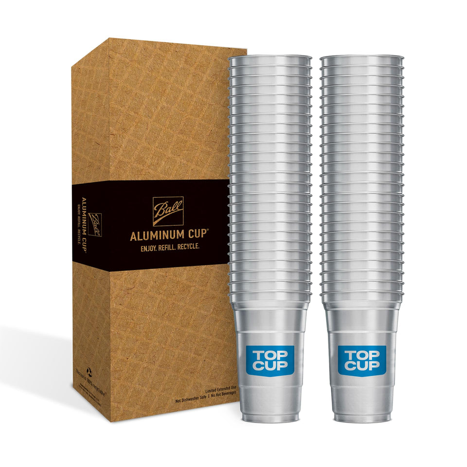 Top Cup 9-ounce aluminum cups stacked for quick grab-and-go.