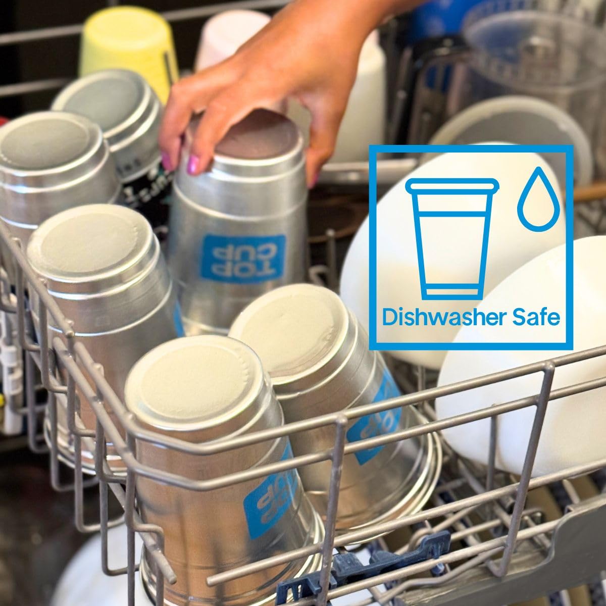 Top Cup reusable aluminum cups highlight sustainability and recyclability.