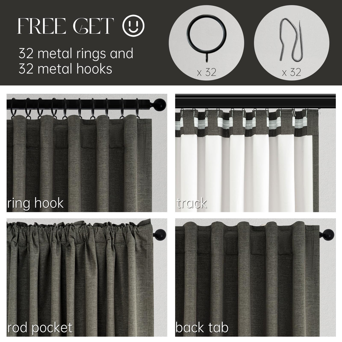Topfinel grey linen blackout curtains with 32 hooks and rings included