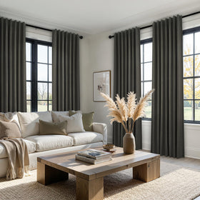 Topfinel grey linen blackout curtains demonstrating light control in bright room
