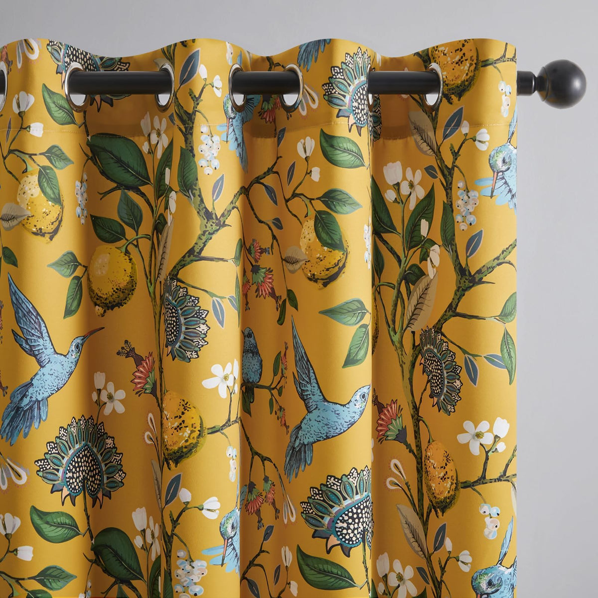 Topfinel mustard yellow curtains with hummingbird pattern add vintage charm.