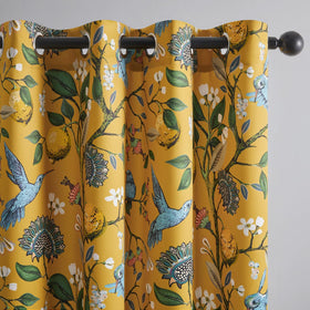 Topfinel mustard yellow curtains with hummingbird pattern add vintage charm.