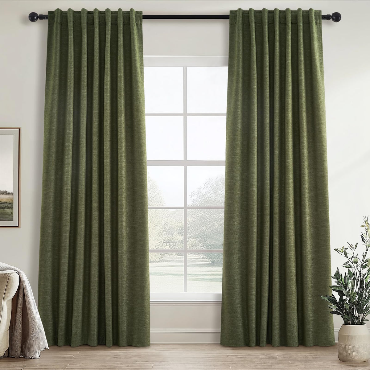 Topfinel olive green linen blackout curtains in a living room providing full light control and privacy