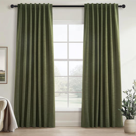 Topfinel olive green linen blackout curtains in a living room providing full light control and privacy