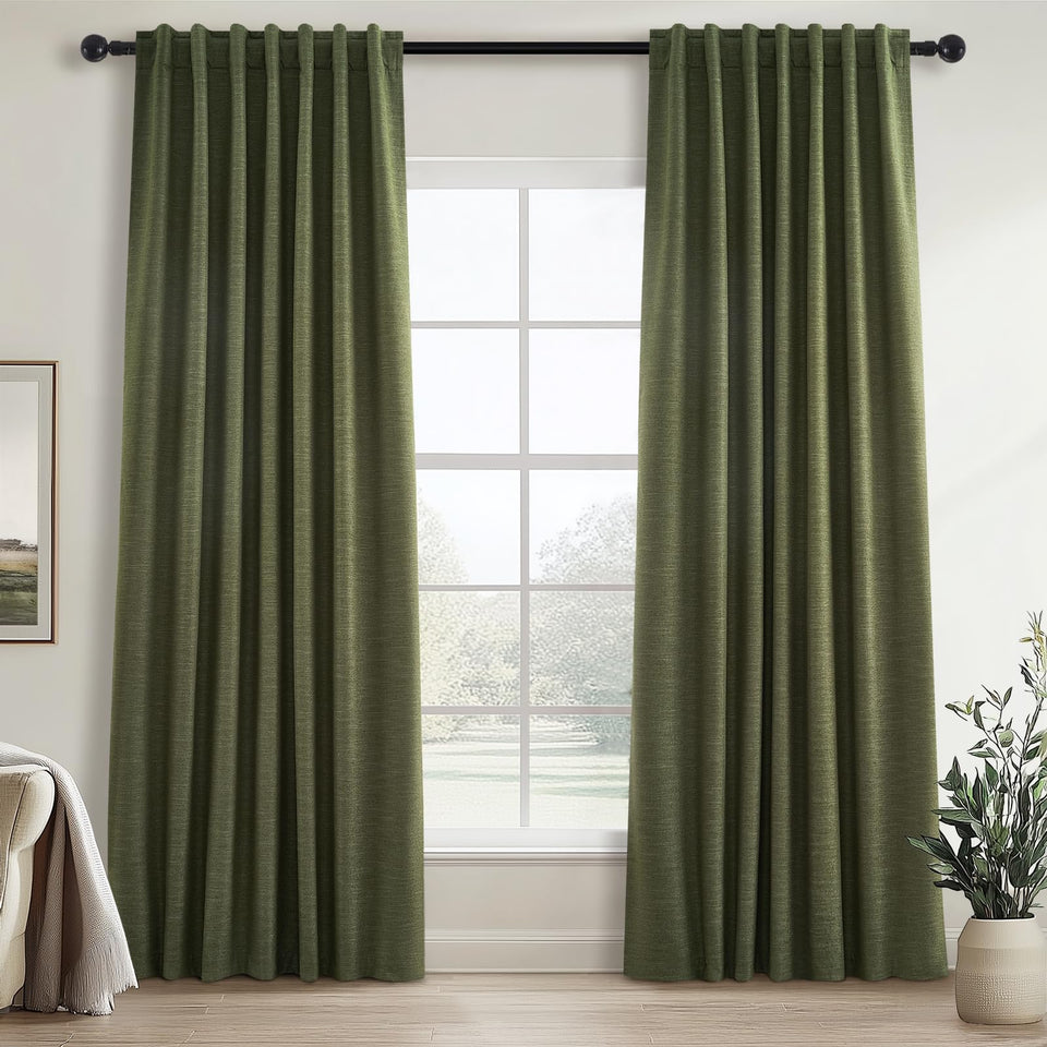 Topfinel olive green linen blackout curtains in a living room providing full light control and privacy