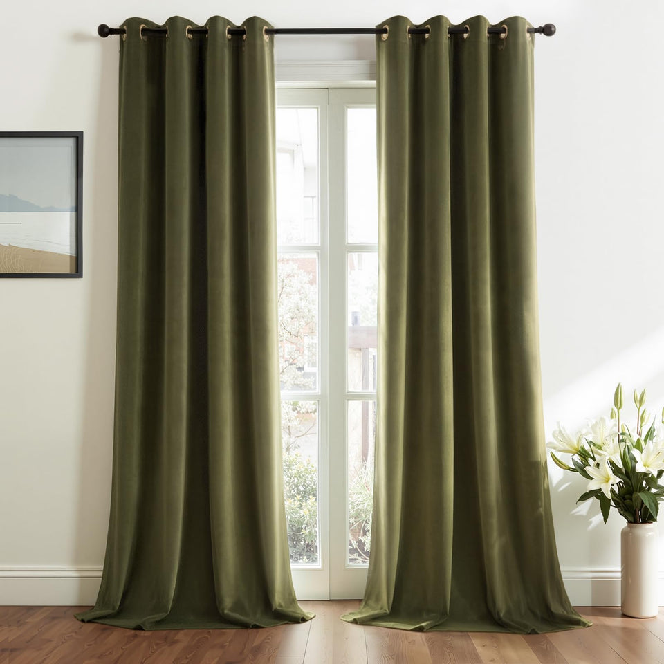 Topfinel olive green velvet blackout curtain close-up texture for premium feel