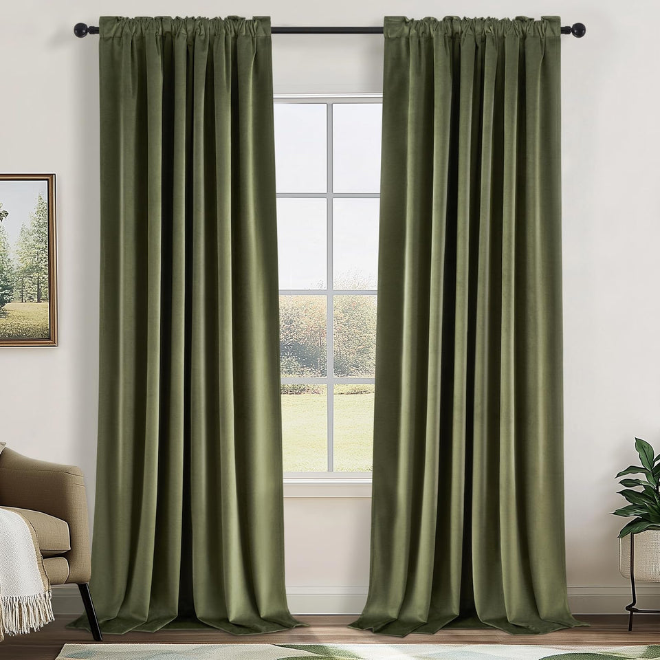 Topfinel olive green velvet curtains front view with two panels and rich texture.