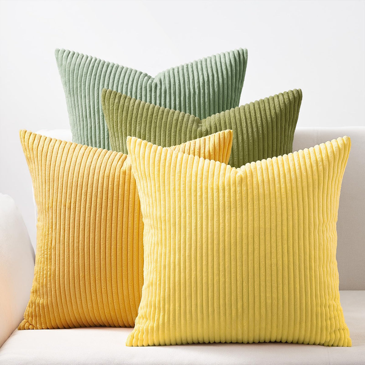 Topfinel pillow cover 18x18, sage-green and yellow stripe, soft corduroy comfort for sofas.