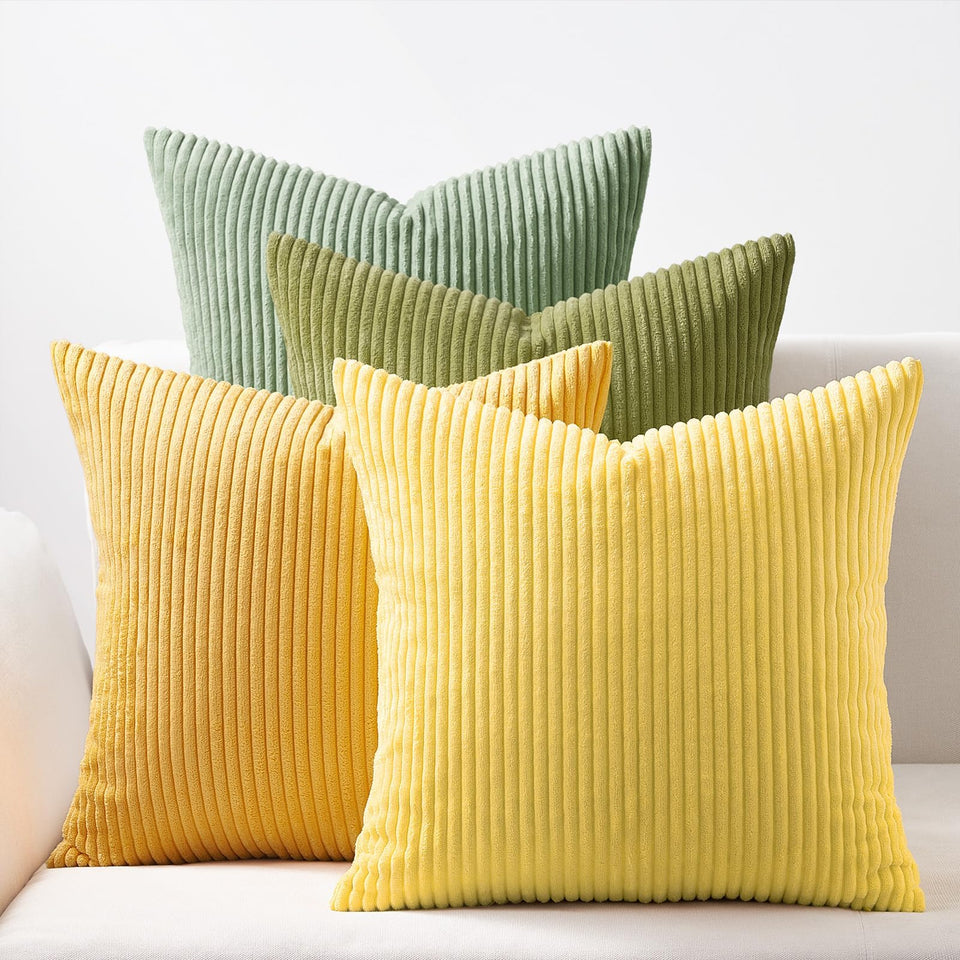 Topfinel pillow cover 18x18, sage-green and yellow stripe, soft corduroy comfort for sofas.