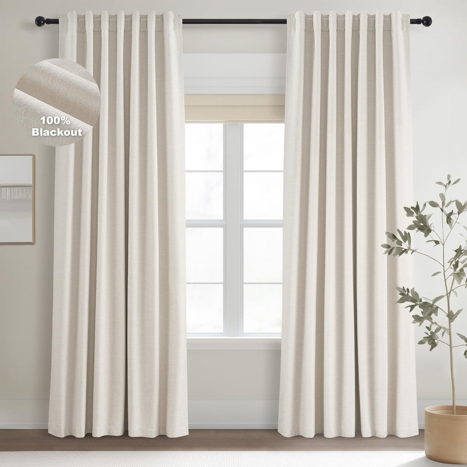 Topfinel textured linen blackout cream 92in panel front view enhances privacy and darkness