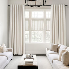 Topfinel textured linen blackout cream 92in panel side view shows light-blocking potential