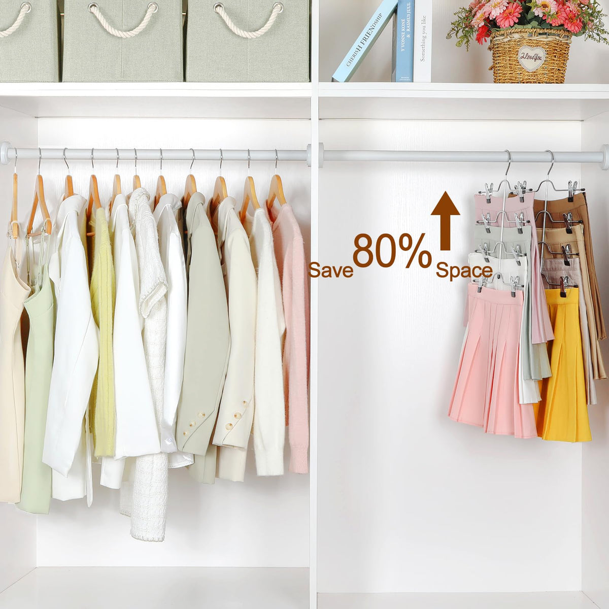 TOPIA HANGER 4-tier layout demonstrates four items on one hanger for space-saving