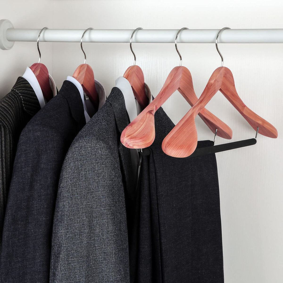 TOPIA HANGER cedar wood absorbs moisture and odors for freshness.