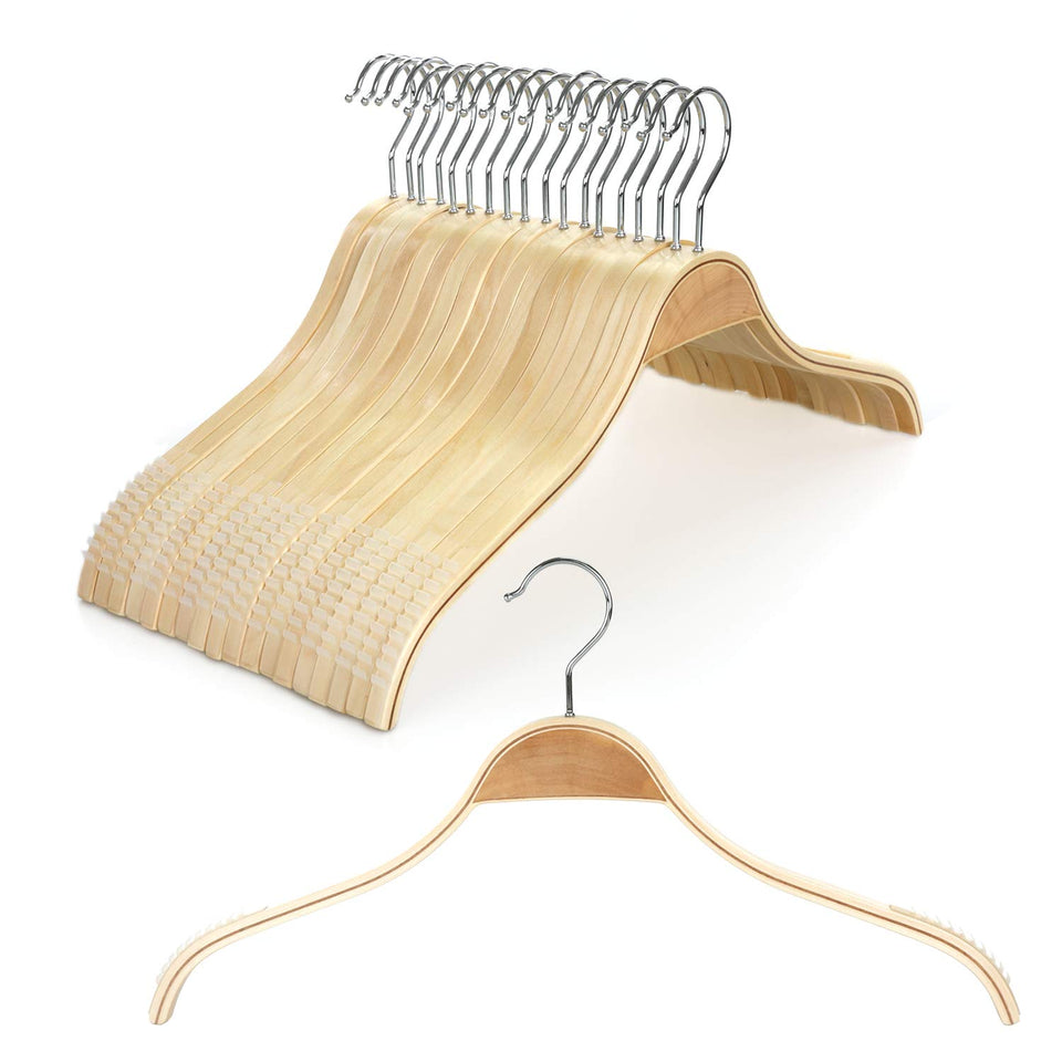 TOPIA HANGER Slim Natural Wood Pack 18 keeps closets organized with uniform hangers.