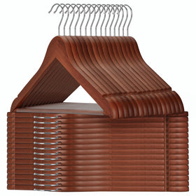 TOPIA HANGER walnut wood hangers 30-pack for organized closets and durable coat storage.