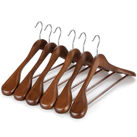 Topia Hanger wide-shoulder wooden hangers in walnut offer sturdy suit support.