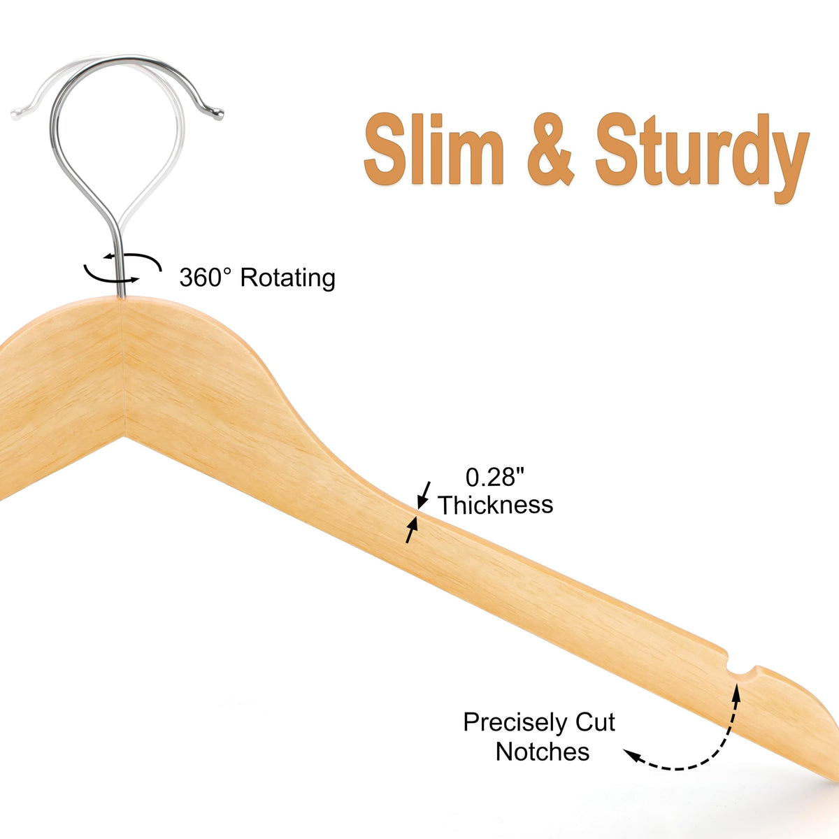 Topia Hanger wooden hanger with non-slip shoulder notches keeps clothes in place.