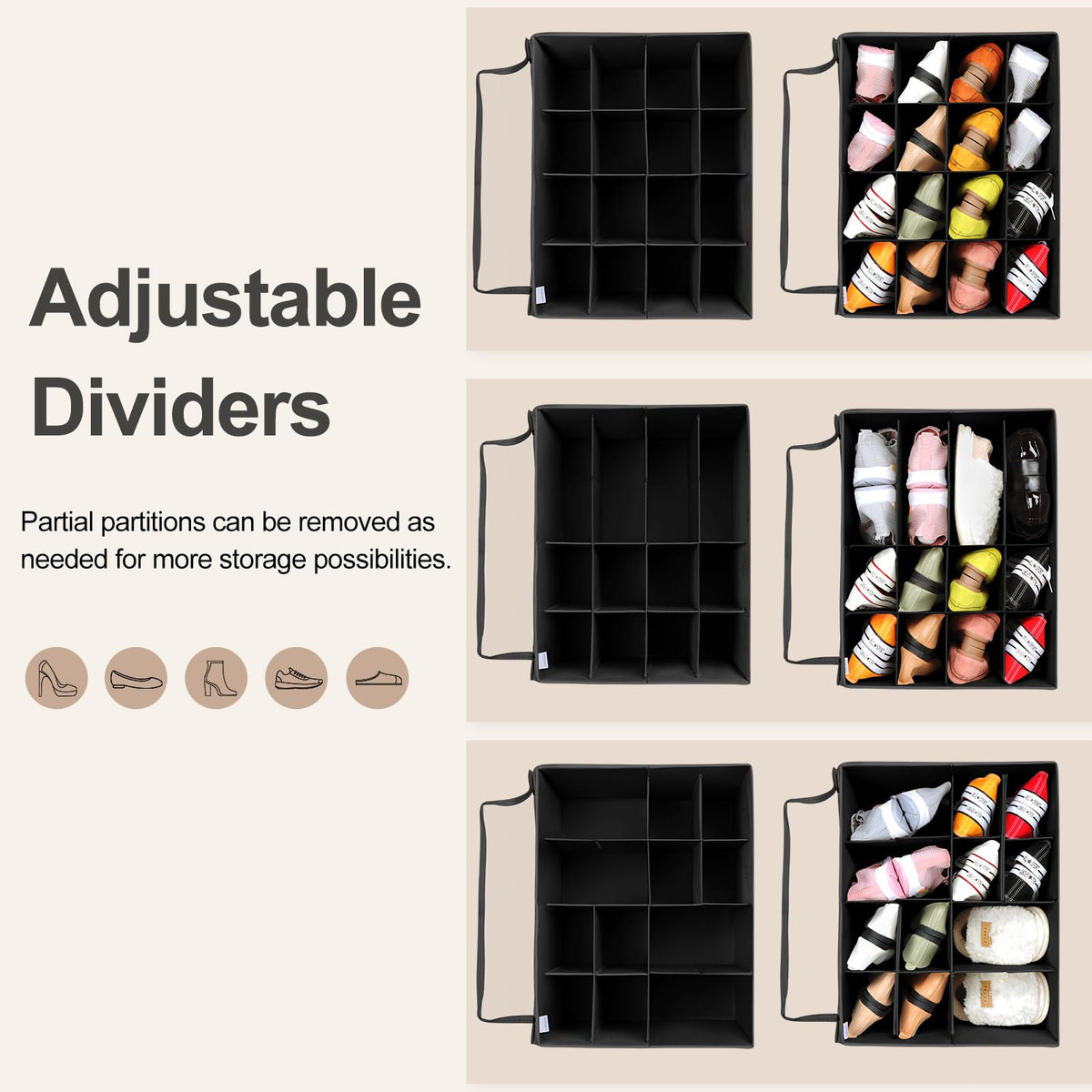 Topia Home adjustable dividers tailor compartments for sandals, sneakers, and heels.