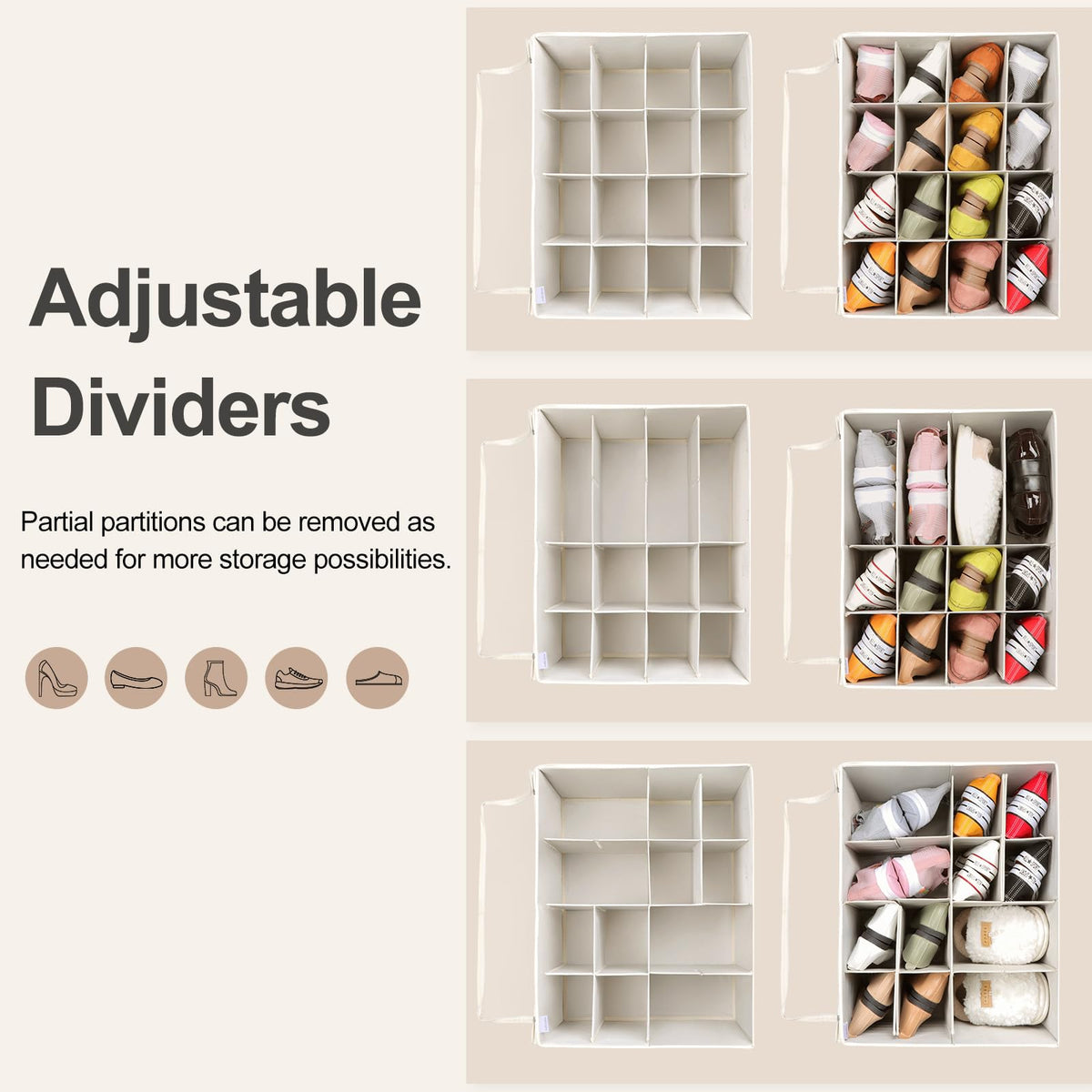 TOPIA HOME shoe organizer with adjustable dividers for flexible storage layouts.