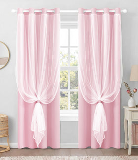 TopNaps pink blackout curtains with sheer overlay front view for cozy bedroom darkening