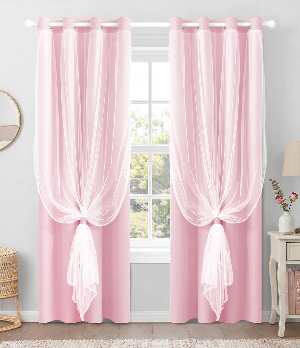 TopNaps pink blackout curtains with sheer overlay front view for cozy bedroom darkening