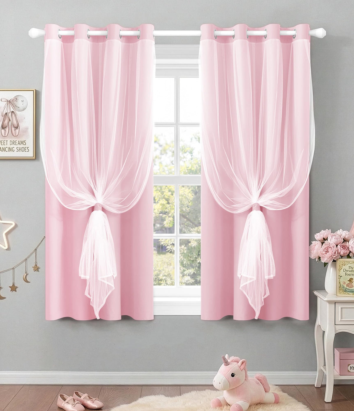 TopNaps blackout curtains with sheer overlay in pink, layered light control for a bright or dark room