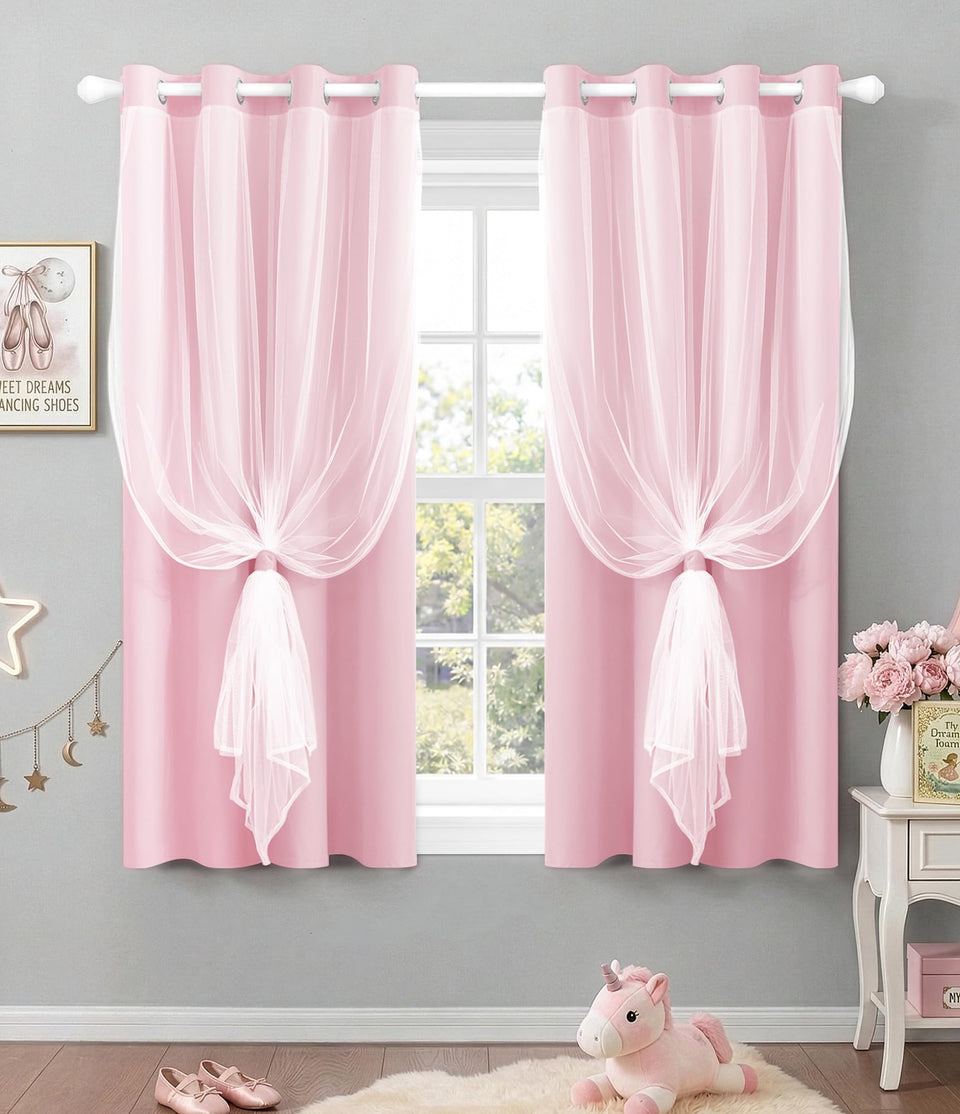 TopNaps blackout curtains with sheer overlay in pink, layered light control for a bright or dark room
