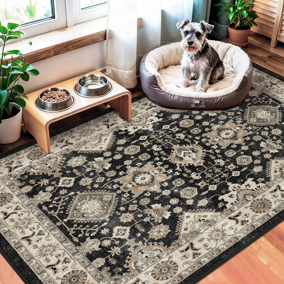 Topruug washable black entry rug pattern highlights timeless style with easy care.