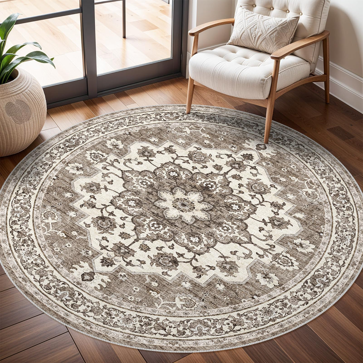 TOPRUUG washable oriental round rug 6ft front view adds classic elegance to living spaces.