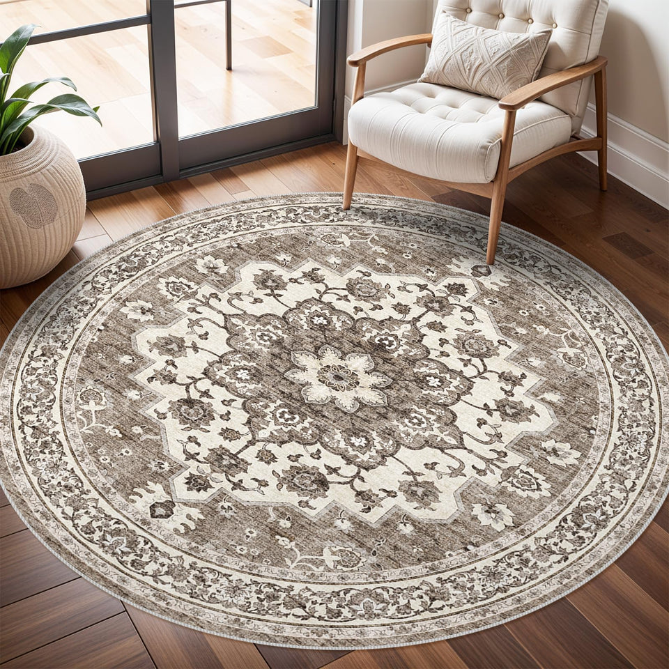 TOPRUUG washable oriental round rug 6ft front view adds classic elegance to living spaces.