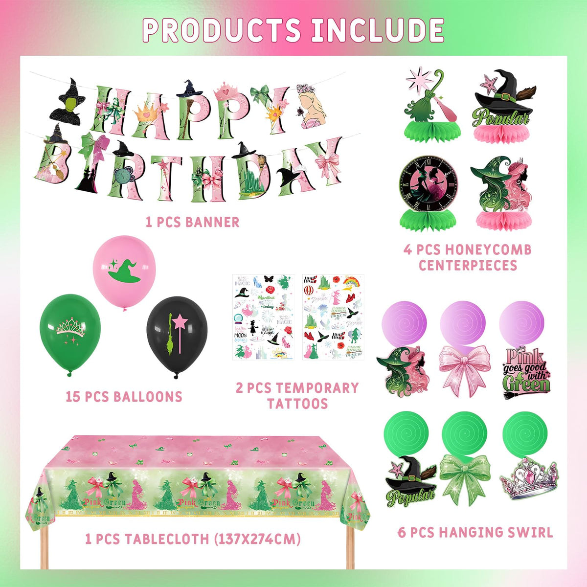 Topthy pink green tablecloth creates a charming base for a witch party.