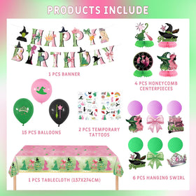 Topthy pink green tablecloth creates a charming base for a witch party.