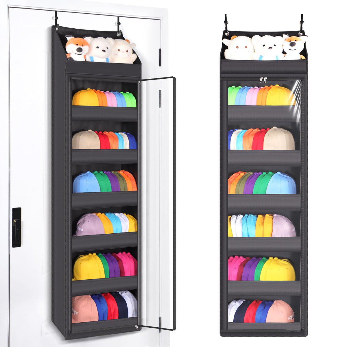 Toread 7-layer door-mounted hat organizer on a door holding hats.