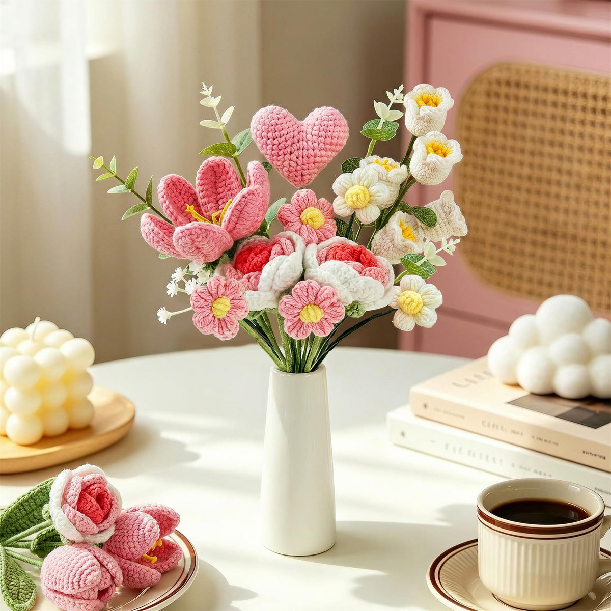 TORONTOKYO home decor display featuring crochet bouquet, warm ambiance