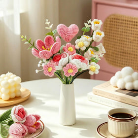 TORONTOKYO home decor display featuring crochet bouquet, warm ambiance