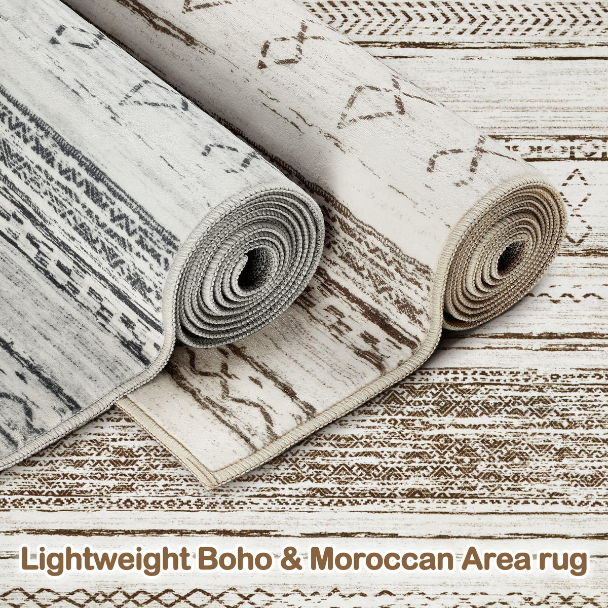Tortania cream brown boho Moroccan rug adds warm texture to neutral decor.
