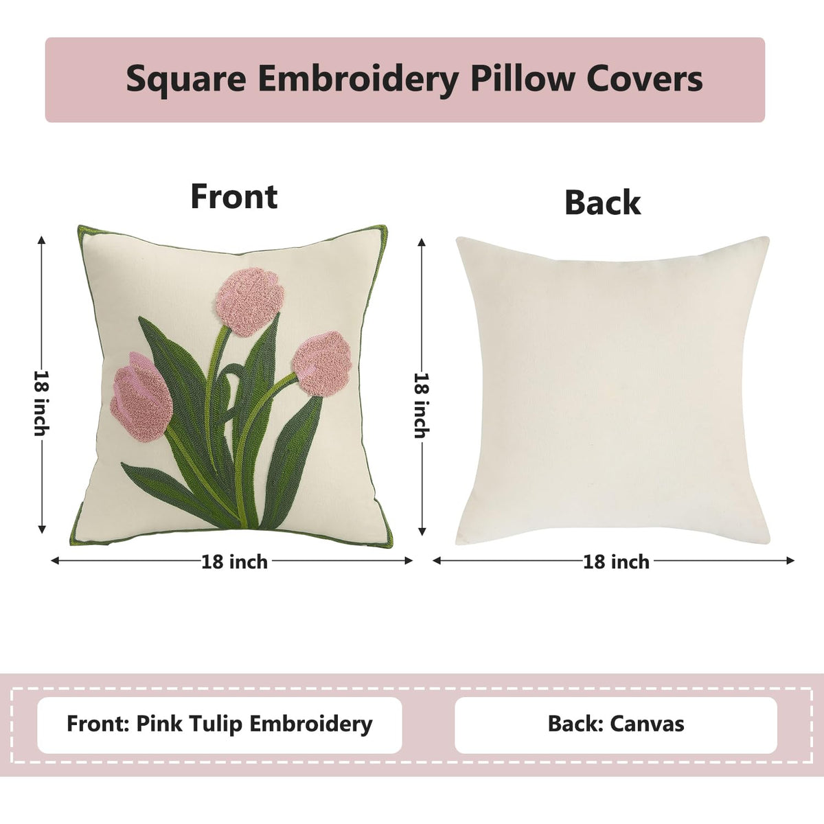 Tosleo pink tulip embroidered pillow cover back view, versatile seating decor