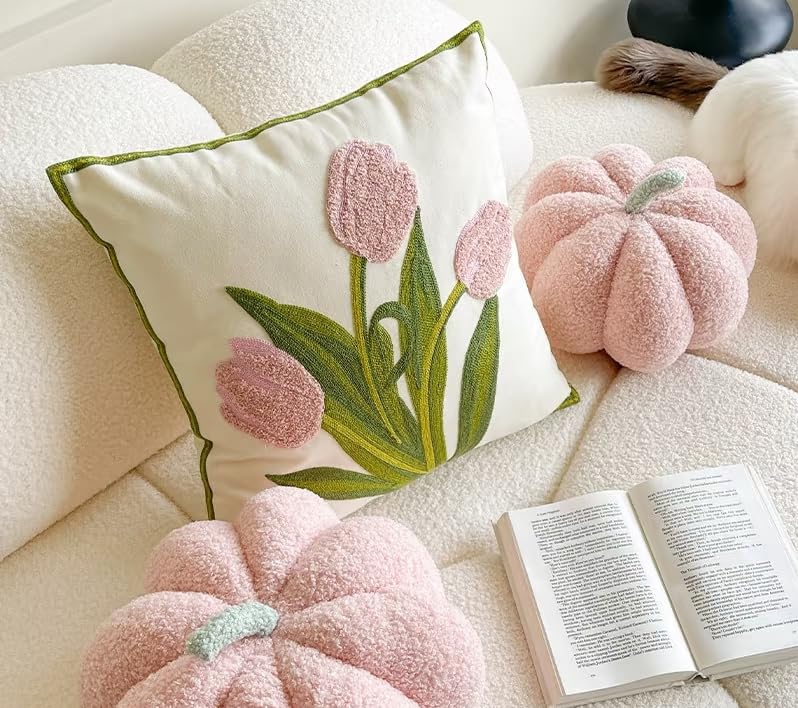 Tosleo pink tulip pillow cover fabric close-up, cotton texture