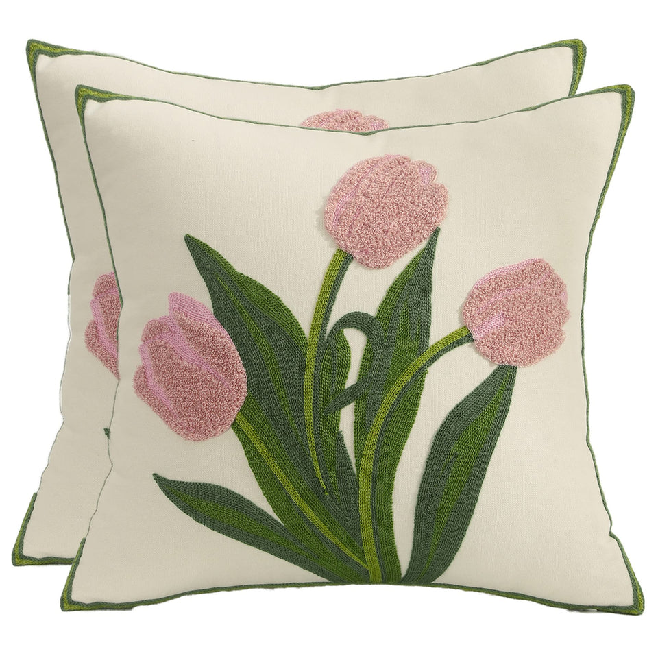Tosleo pink tulip embroidered pillow cover front view for bright living rooms