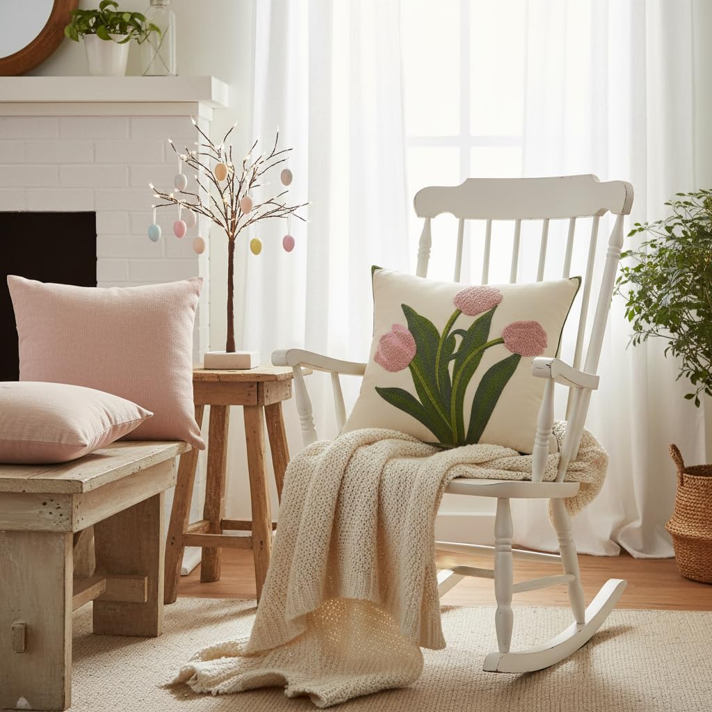 Tosleo pink tulip pillow cover on porch for outdoor vibe