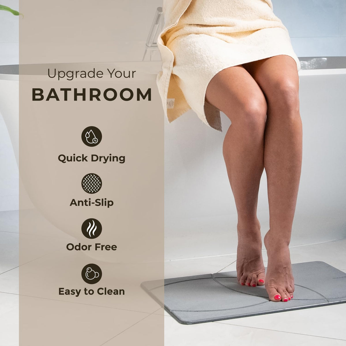TOSORO diatomite absorption in action highlights fast moisture removal after shower