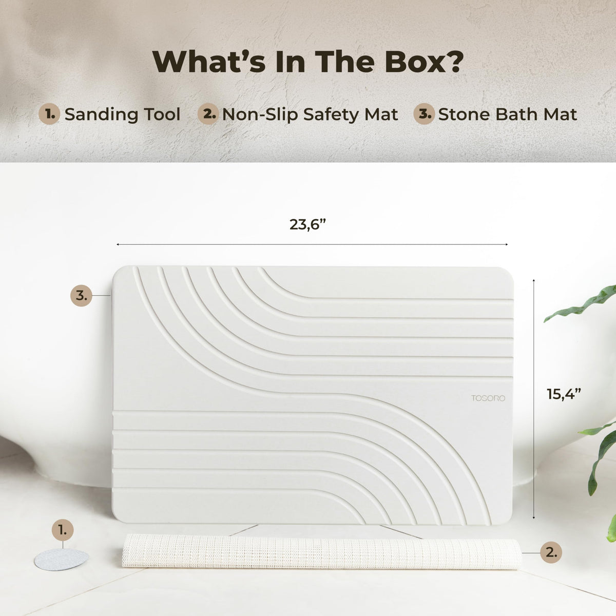 TOSORO sandstone finish bath mat adds spa-like style to bathroom.