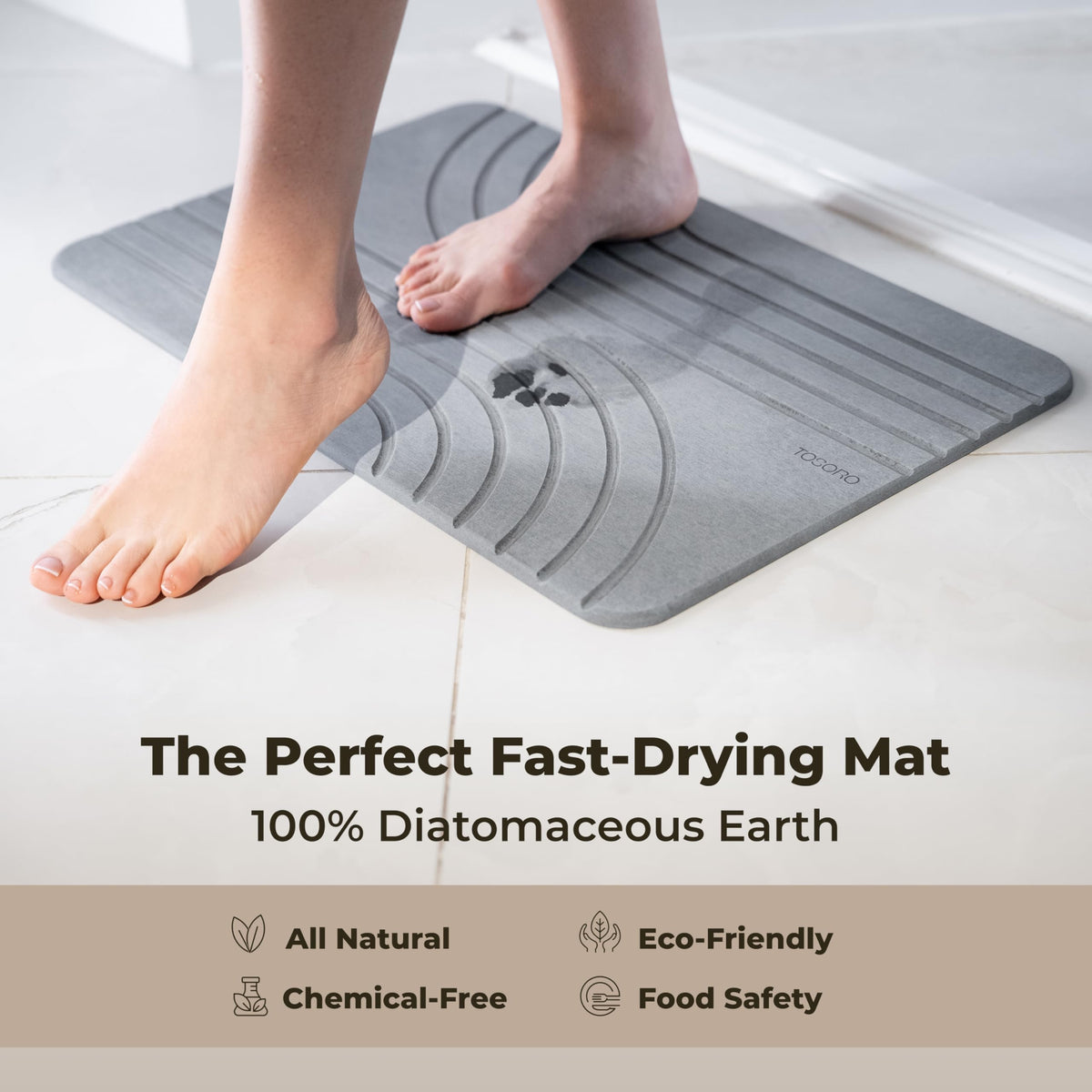 TOSORO diatomite mat absorbs moisture for a drier bathroom.