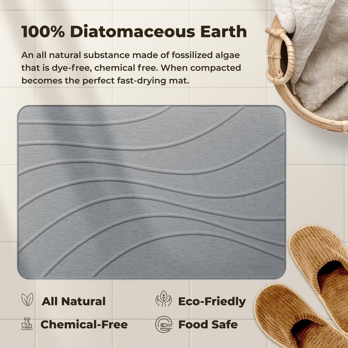 TOSORO Stone Bath Mat highlighting easy cleaning with soap and brush.