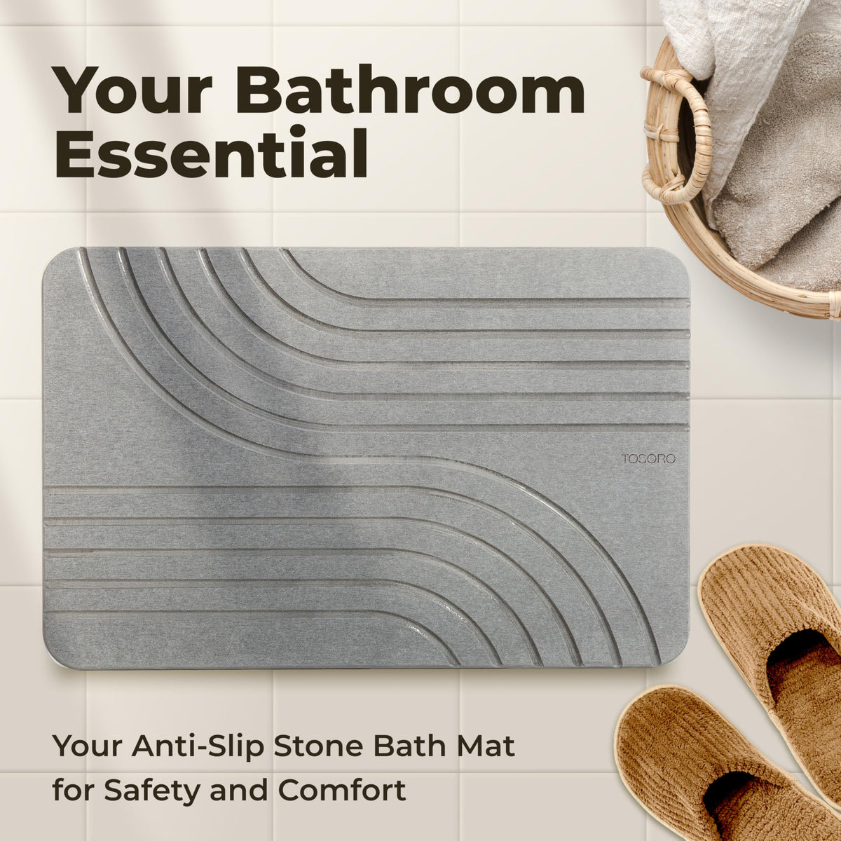TOSORO stone bath mat graphite color suits modern bathrooms.