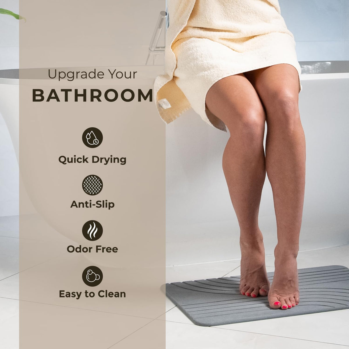 TOSORO stone bath mat graphite textured surface reduces slip and adds safety.