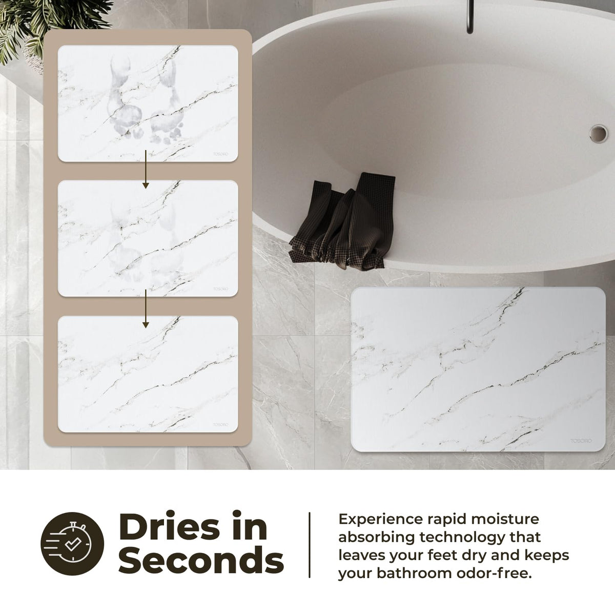 TOSORO Stone Bath Mat quick-drying surface wicks water after showers.