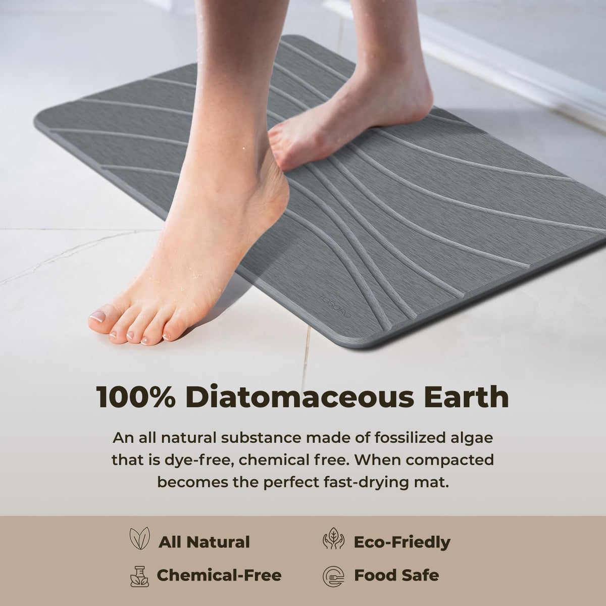 TOSORO Stone Bath Mat illustrating quick-drying properties after a shower.