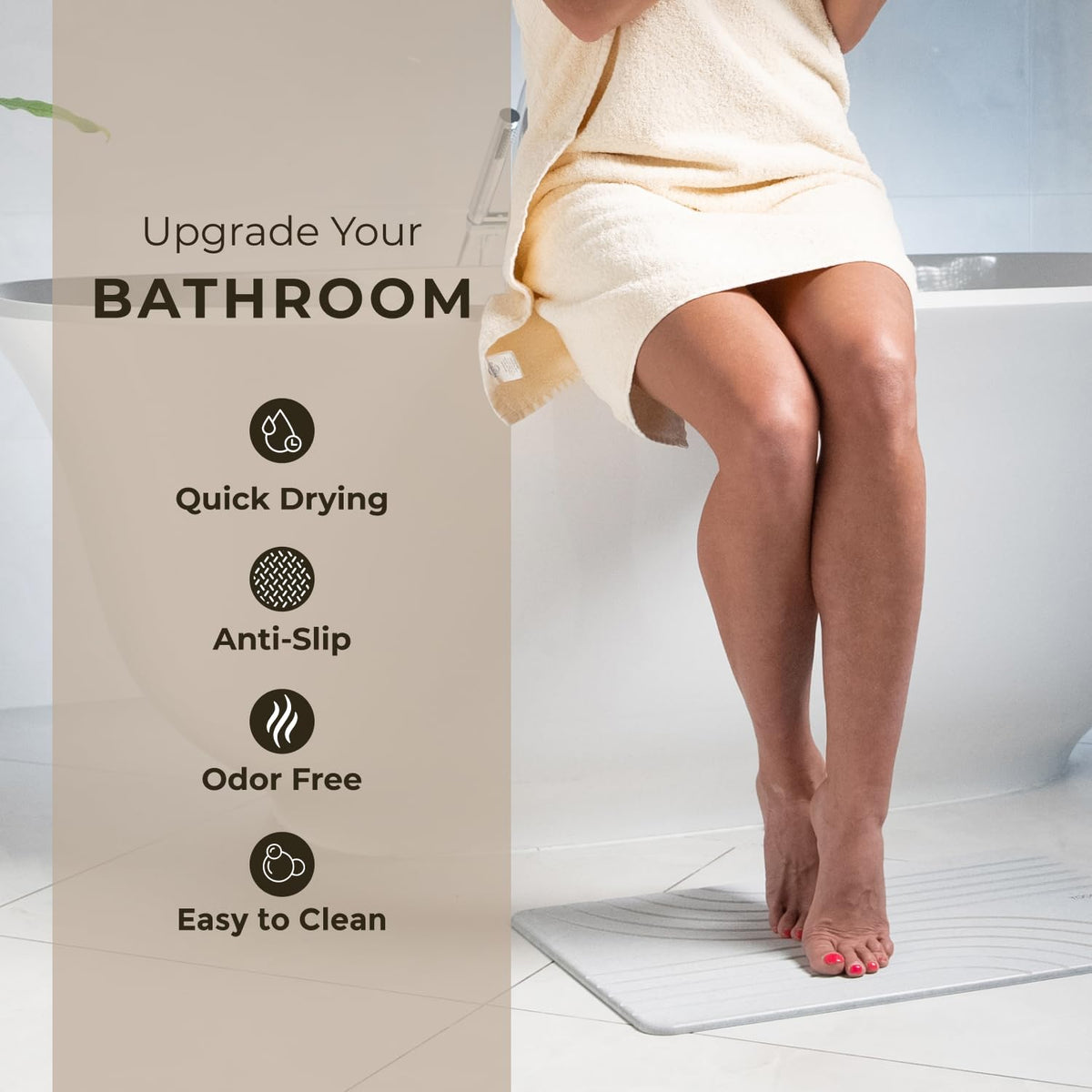 TOSORO Stone Bath Mat with anti-slip textured surface keeps feet secure when stepping out.